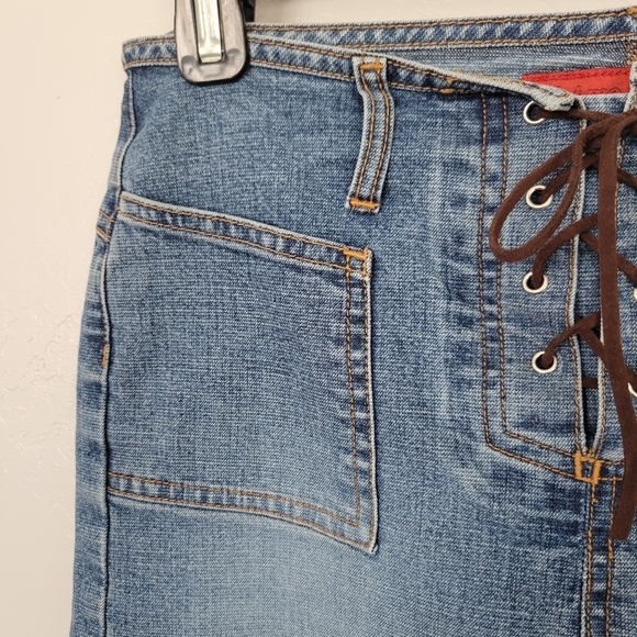 Bongo Juniors 5 Denim Maxi Skirt Brown Leather Lace Up Back Slit 90s Y2K Jean - Picture 5 of 8